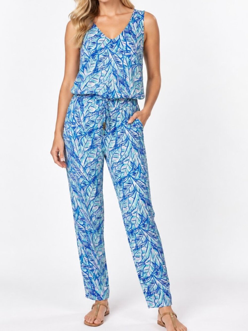 Lilly Pulitzer Tropical Leaf Print Jumpsuit Blue Green Pink Size XS
